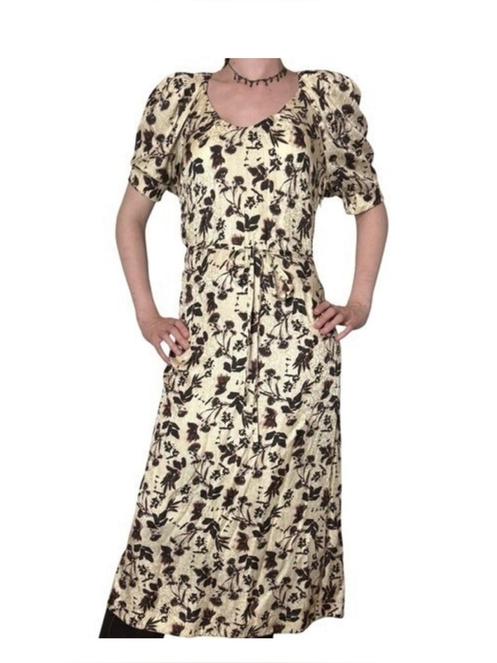 Raquel Allegra Silk Brown Floral Midi Dress Womens Size Small Puff Sleeve